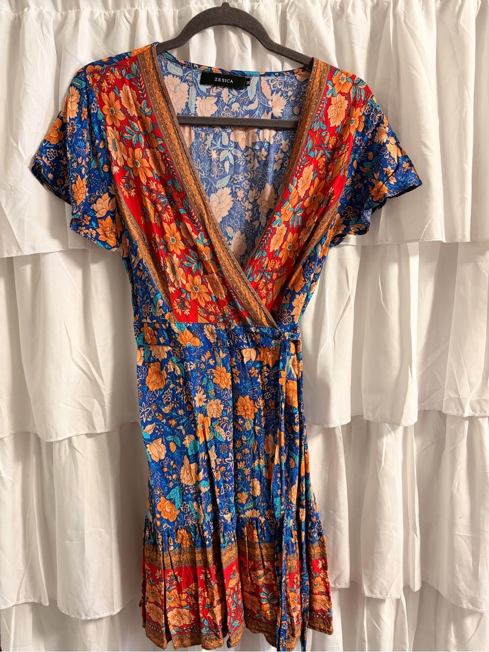 Zesica Blue & Red Floral Wrap Mini Dress